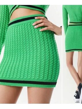 Alice + Olivia Bright Green Cable-Knit Mini Skirt with Black Trim